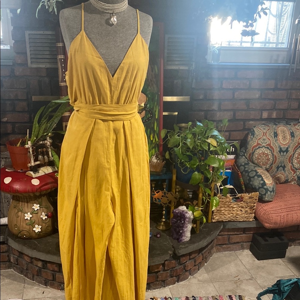 Yellow Wrap slit leg jumper with Spaghetti Straps